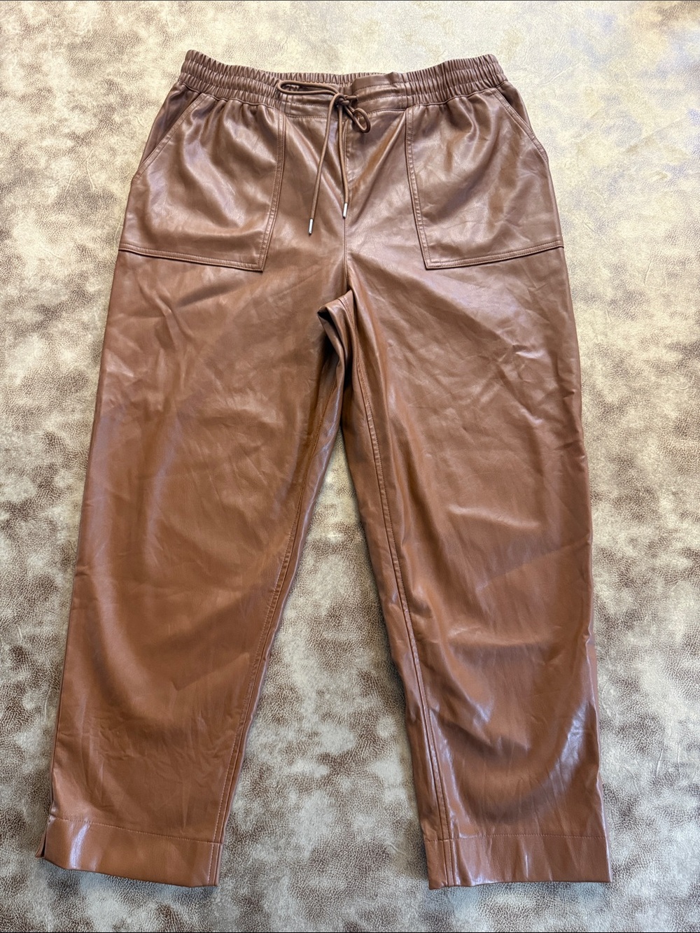 A New Day XL Brown Faux Leather Pull On Pants Drawstring Straight Leg